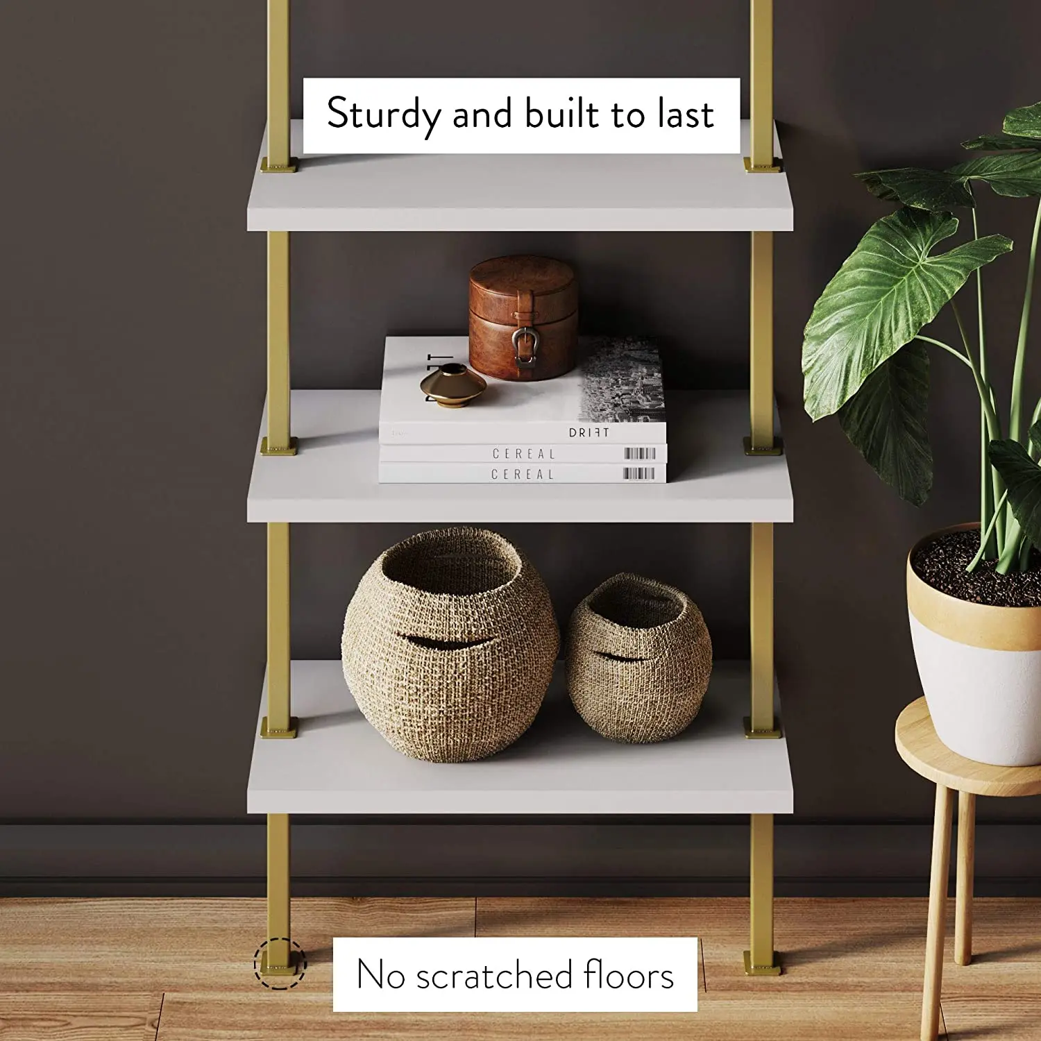 
5-Shelf Ladder Bookcase with Brass Metal Frame Wooden Shelves For Living Room Organizer 