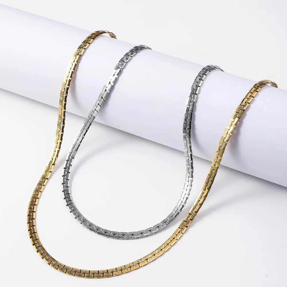 5MM New stainless steel flat embossed necklace 18k vacuum electroplating fast fading titanium steel clavicle chain