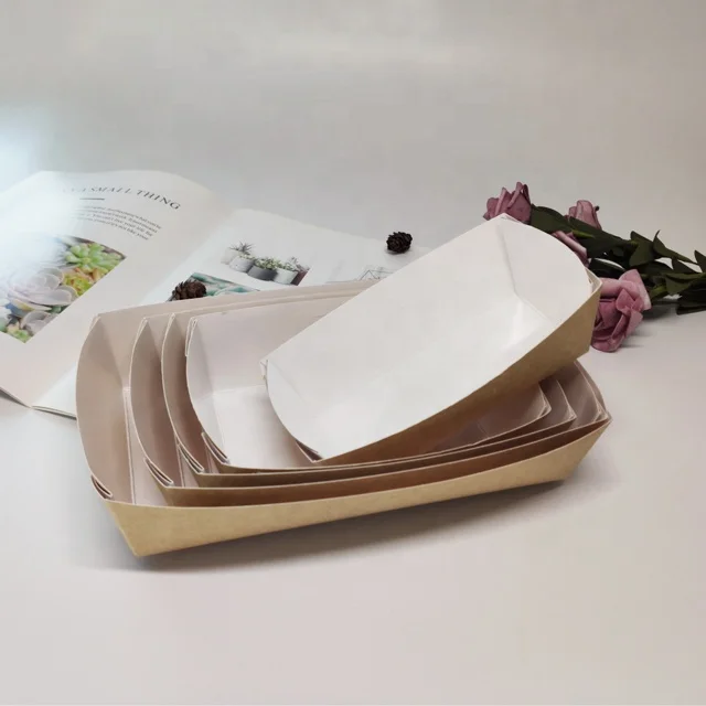 Disposable paper roasted chicken boxes boat shape takeout food trays with lids and clear windows