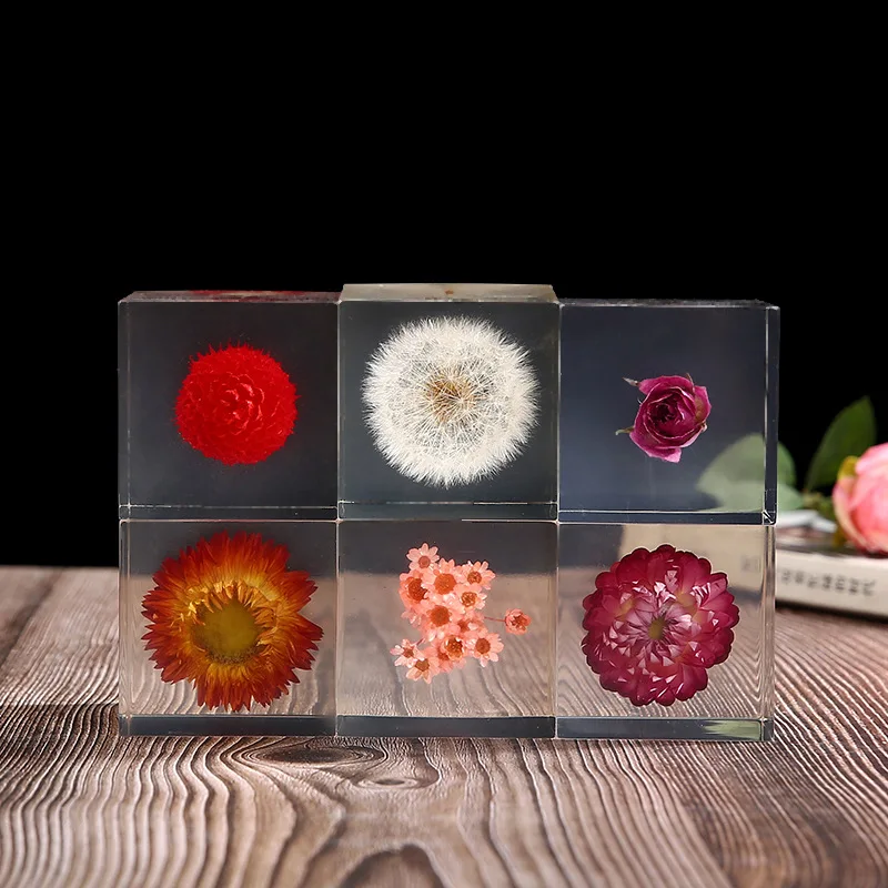 Resin Cube Daisy Crystal Ornaments Colorful Chrysanthemum Sunflower Amaranth Dandelion Resin Crystal Block