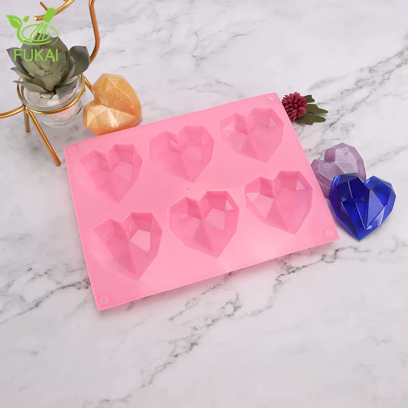6 Hole Diamond Love Heart Shape Mousse Cake Silicone Mould Food Grade Chocolate Dough Sugar Cream Mold