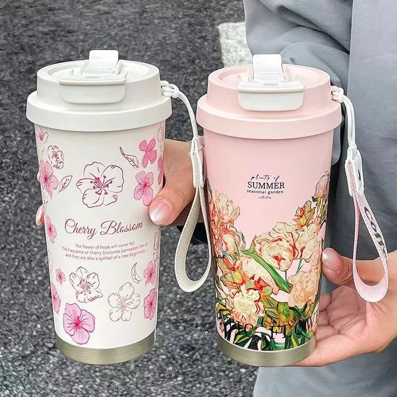 Seaygift 2024 newest travel portable Irises gardenia flower stainless steel vacuum insulated thermos coffee tumbler cup mugs