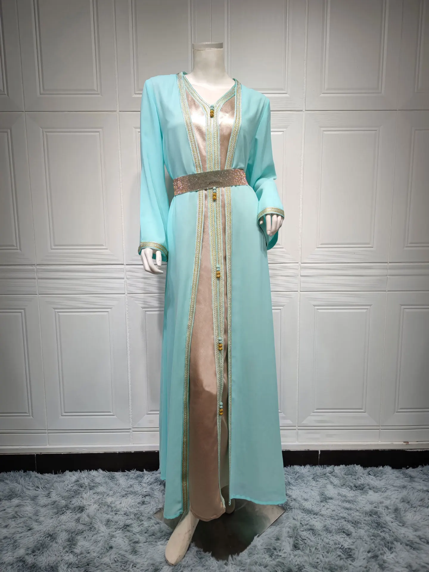 Ready to Ship Muslim Chiffon Abaya Party Wedding Wear Islamic Clothing Jalabiya Beaded Green Caftan Dress 2 pieces Outfits