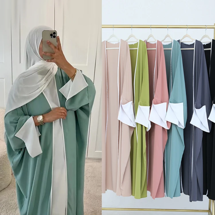 Big Batwing Open Abaya Kimono Dubai Luxury White Edge Muslim Cardigan Abayas Women Turkish hijab Dress Kaftan Islamic Clothing