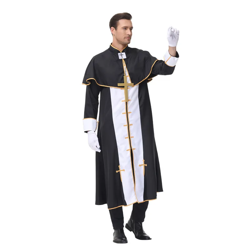 2024 Fancy Religious Pastor Cosplay Black Noble Priest Father Robe Halloween Party Clothing Adult Medieval Costume for Men