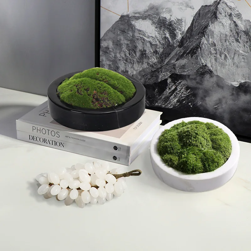 HZX Natural Marble Vase Travertine Stone Round Flower Plant Growing Pot Tray white black Home decoration