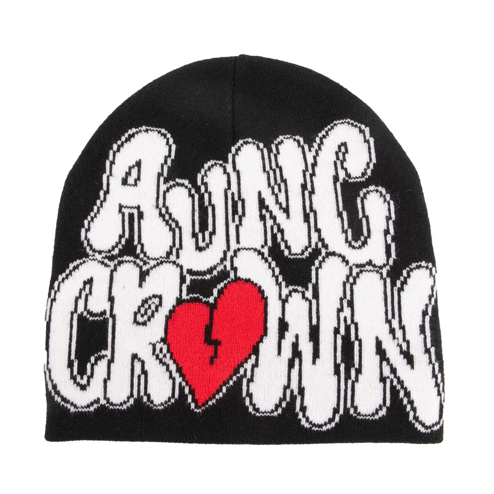 Low MOQ Custom Beanie Manufacturers All Over Print Jacquard Y2K Gothic No Cuff Fold Cuffless Winter Skull Cap Knit Hat with Logo
