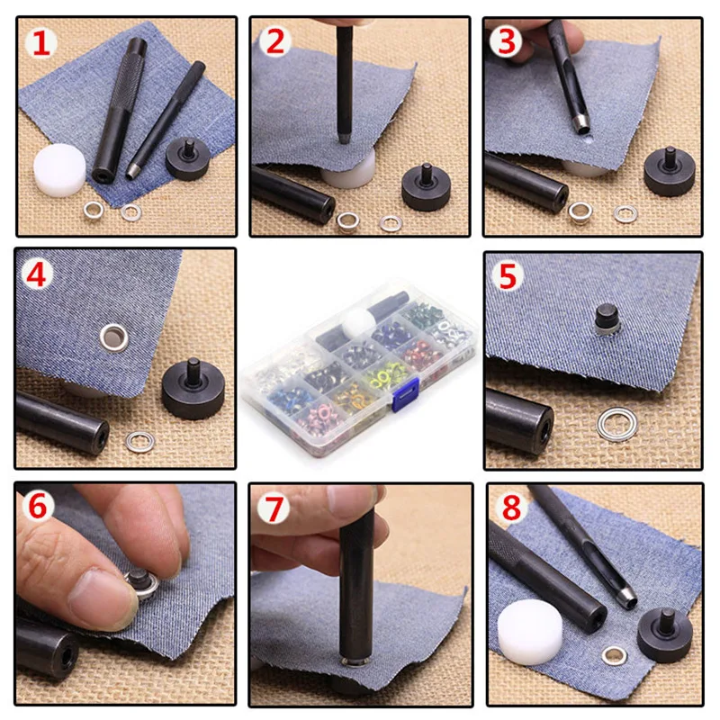 Install tool kits and 10 colors 500 sets 5mm garment eyelets with a box