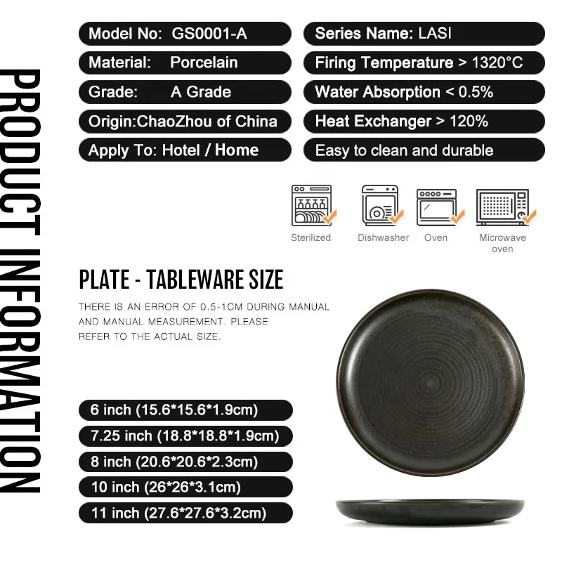High Quality Reactive Black Catering Porcelain Plate Dishes Kitchen Round Ceramic Dinner Plates For Restaurant Hotel