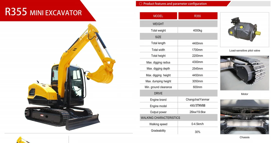 R355 Mini Excavator Digging Machine for Sale New Excavator Price 4 Ton from china