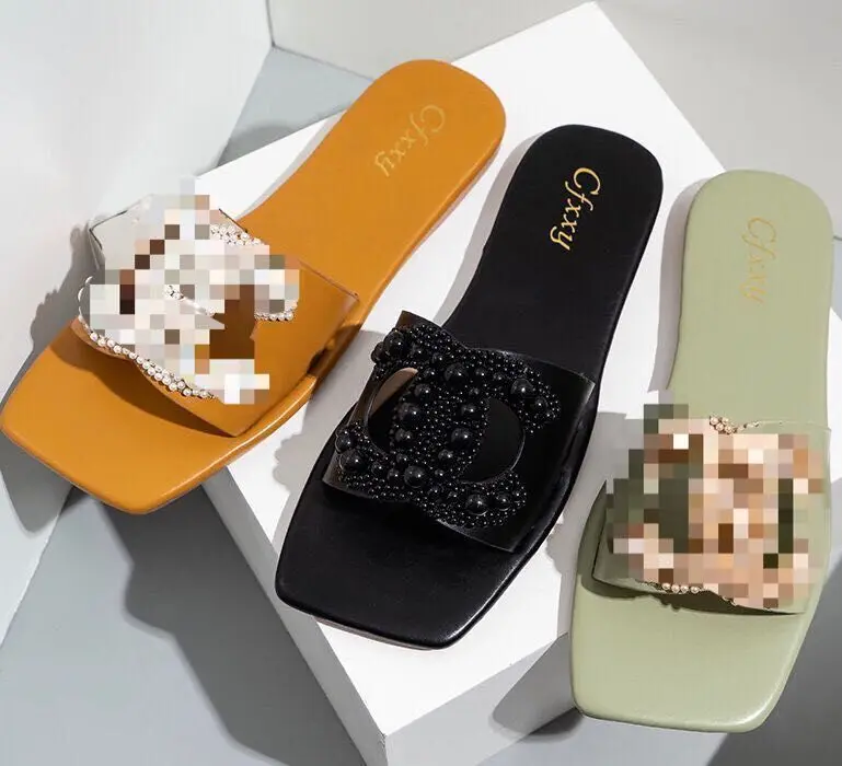 
2021 Bohemia beads Beach slippers ladies fashion wear sequin for women hot sales flat open toe PU leather sole sandals 