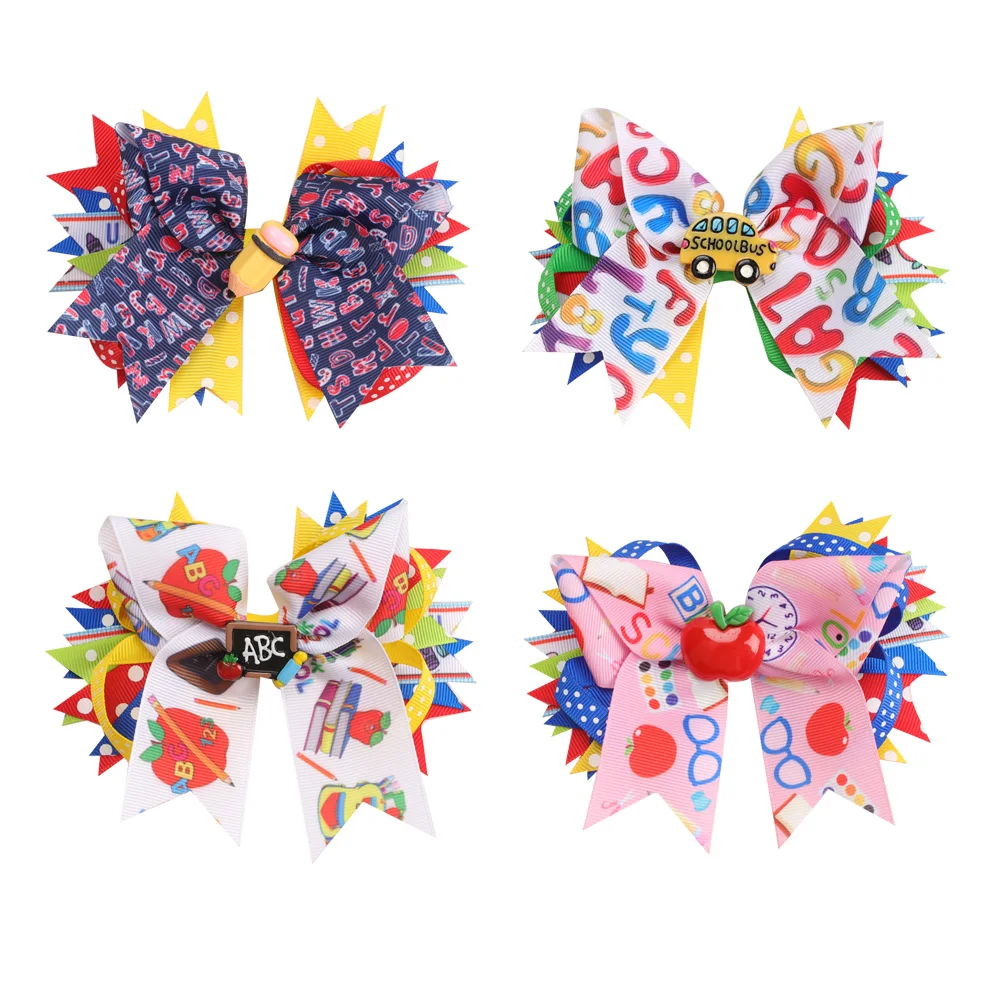 Back To School Hair Bows Hair Clips Printed Ribbon Bows For Girls Multilayer Colorful Hairpins Princess Hair Accessories For Kid (1600264124923)