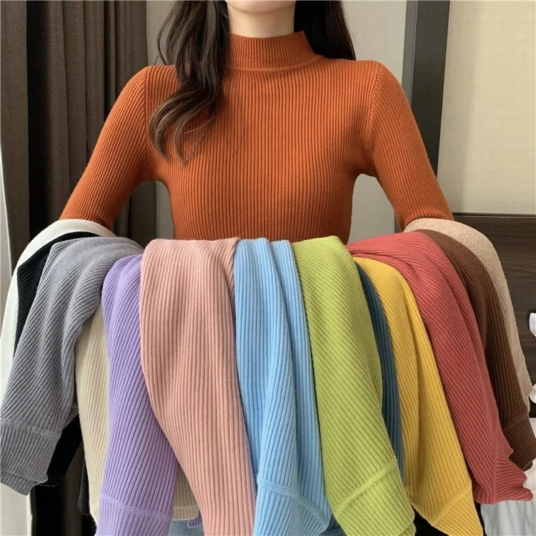 2021 New fashion knitwear long sleeve solid color knit clothing slim pullover stand-up collar sweater for women