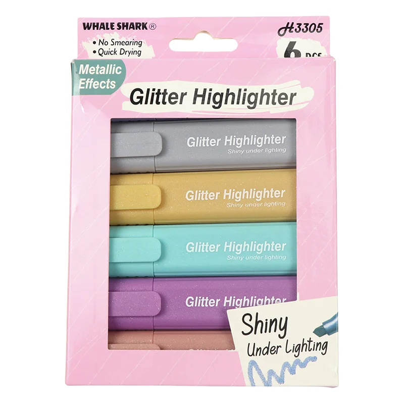 Metallic Glitter Highlighter Pens - 6 Shiny Colors, Non-Toxic and Quick Drying, Ideal for Kids