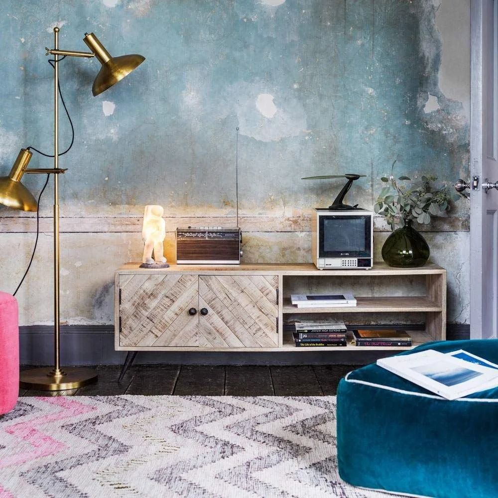 Industrial TV Unit Cabinet Indian Antique Rustic Mango Ara Parquetry Design TV Unit Sideboard Jodhpur Vintage Solid Wood TV Unit