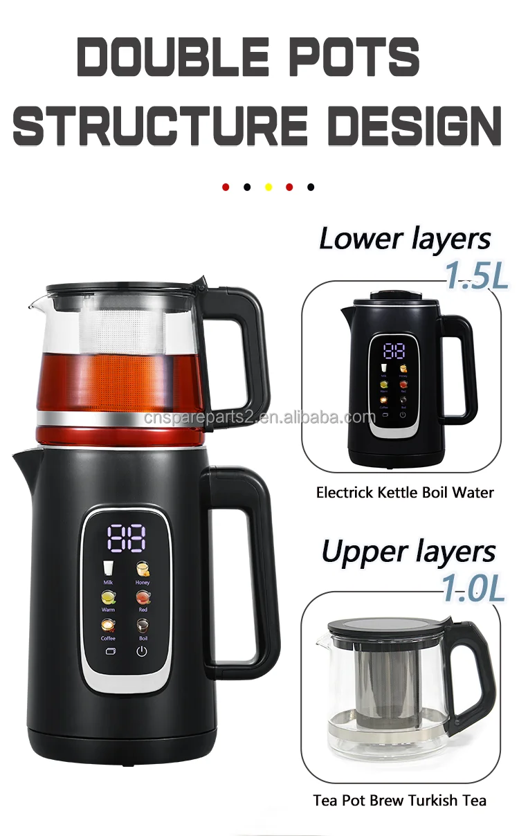 Smart Home Appliances Middle East Market Turkish Tea Kettle Real Time Temperature Display 1.5l +1.0l Tea Maker Machine