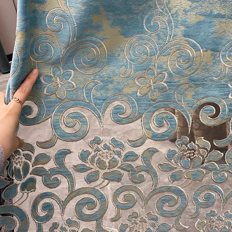 High Quality New European Style Living Room Luxury Beige Velvet Embroidered Curtains With Hollow Out Design