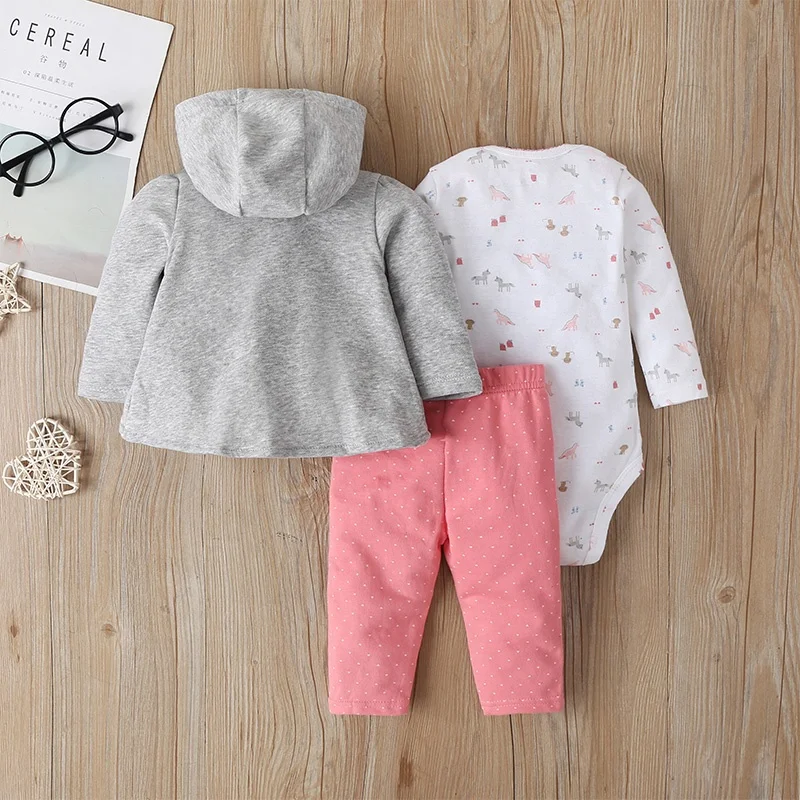 OEM Solid Color Hooded Coat Baby Girls Wholesale Clothes Baby Rompers 3 Pieces Set Toddler Clothing