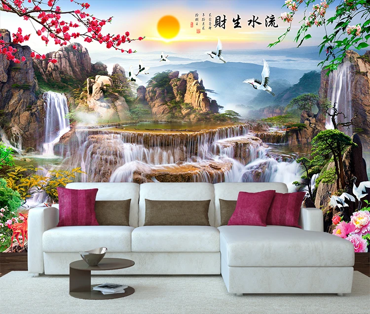 Chinese Style Wall Mural Mountain Water Landscape Large Murals Waterfall Custom Wallpaper Home Decoration