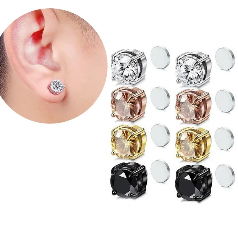 Wholesale Price Magnet Earrings Silver Black Gold Plated Stainless Steel Solitaire Earrings with Zircon Unisex Jewellery
