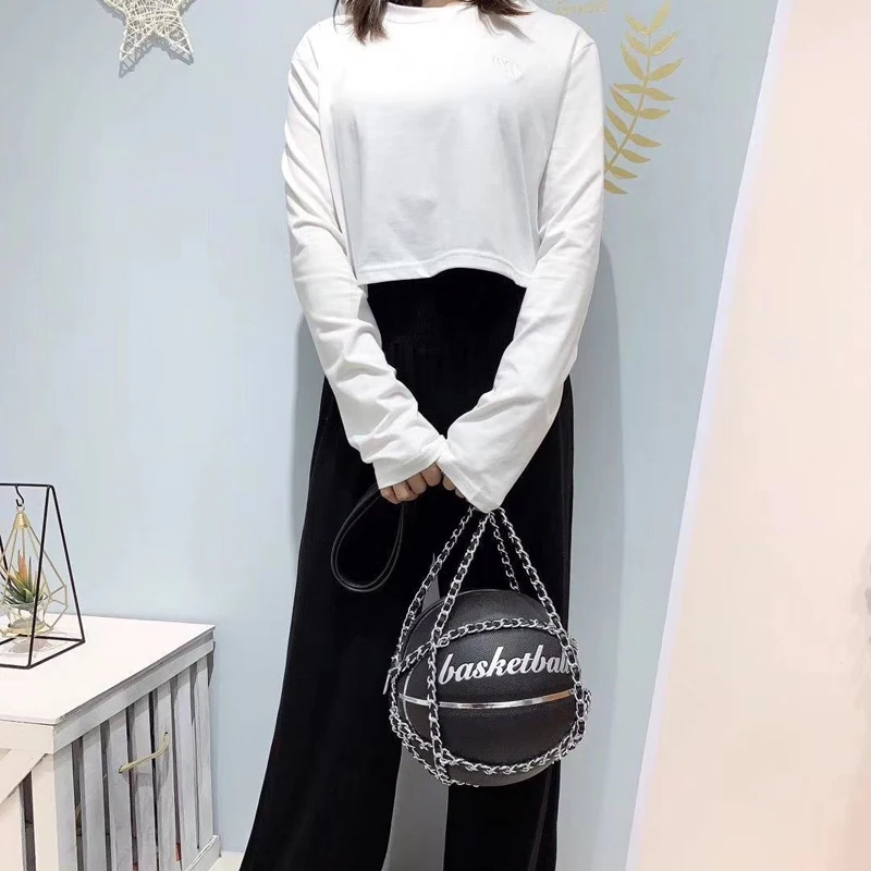 New wholesale custom Round Basketball Shaped bags Fashion large black basketball chain purse women