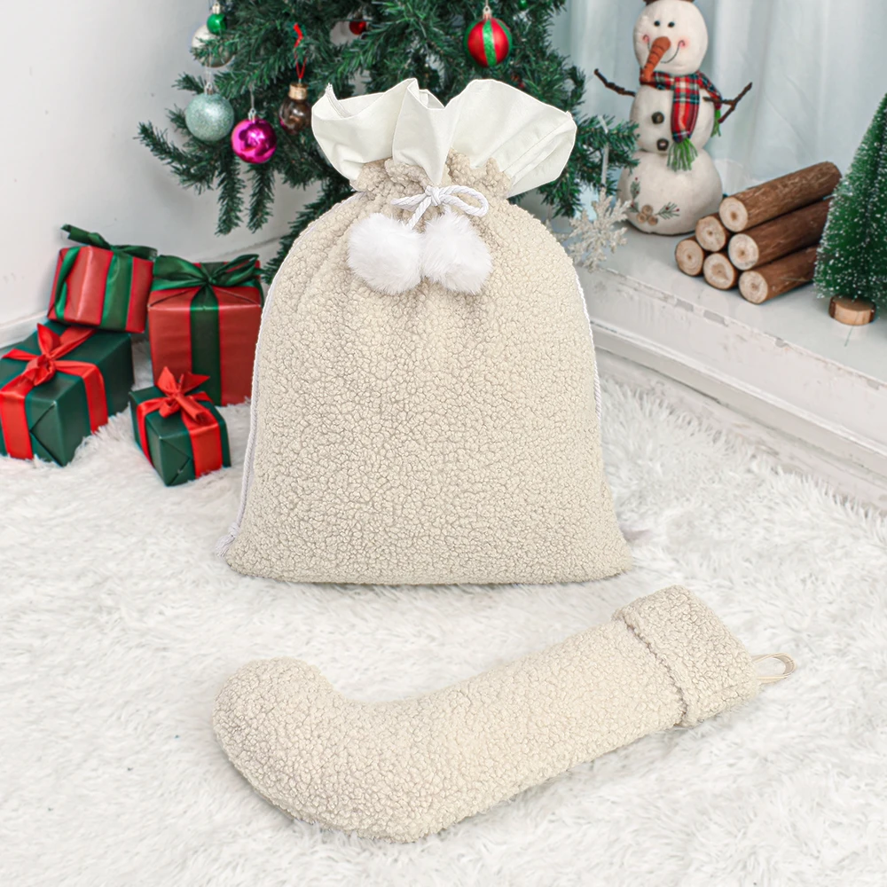 High Quality Blank Santa Sack with Matching Stocking Personalized Boucle Christmas Santa Sack With Pom Pom