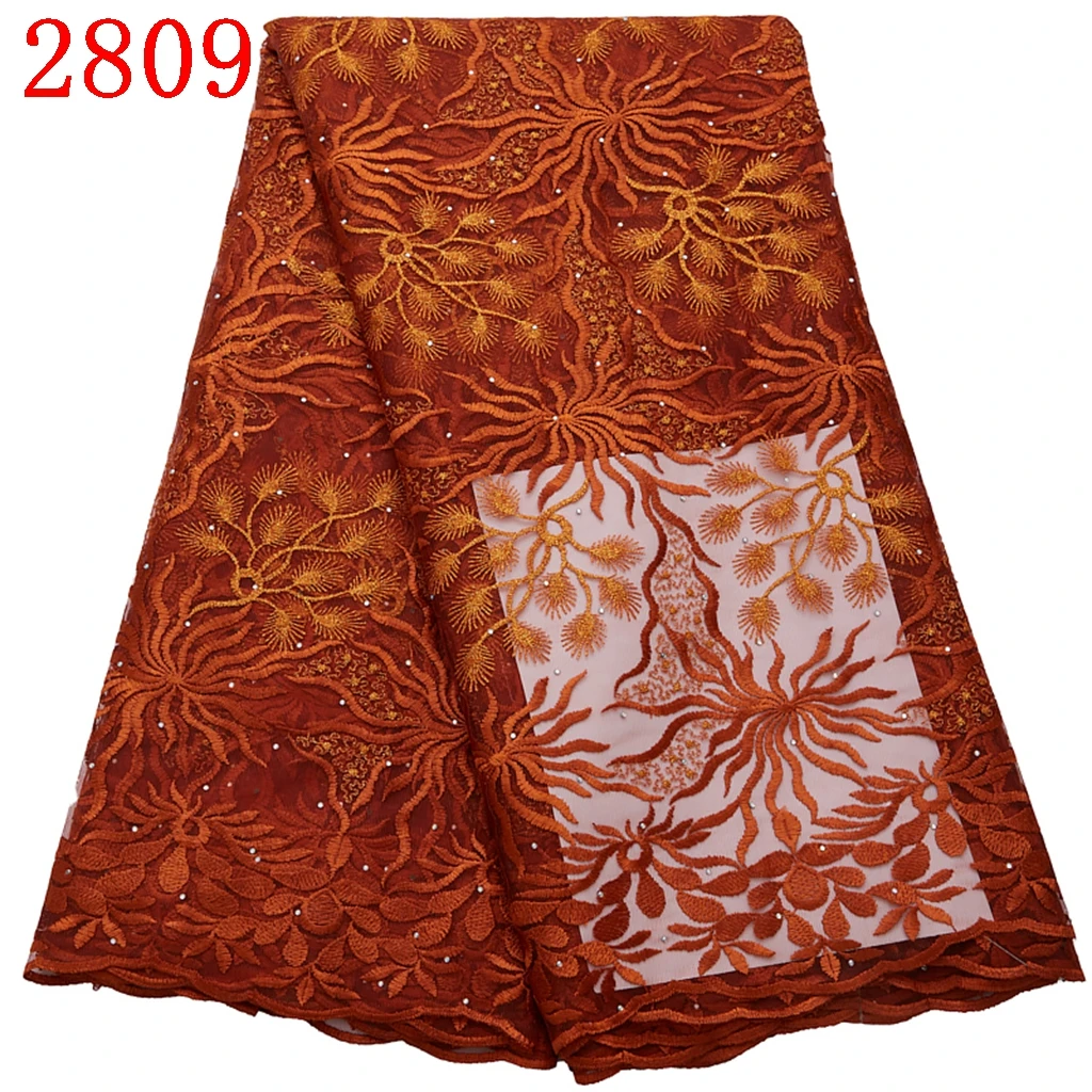 2809 Wholesale Mesh Tulle Net Lace Fabric Red Wine African With Beads Fabric Heavy Embroidery Lace Materials For DIY Dress Sew