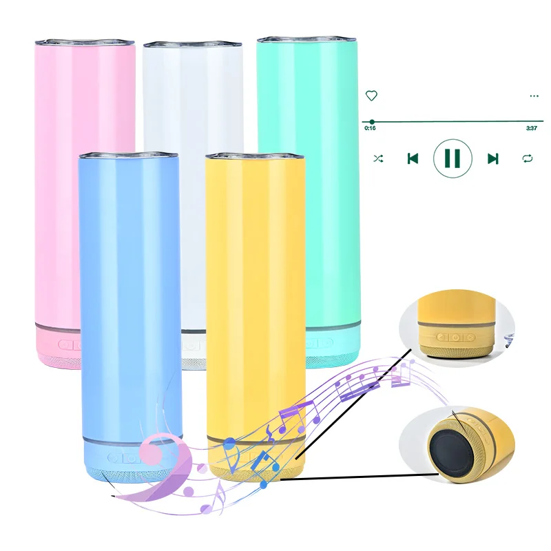 New 20oz Usb Charging White Sublimation Blanks Straight Water Bottle Non Tapered Speaker Music Cup Tumbler