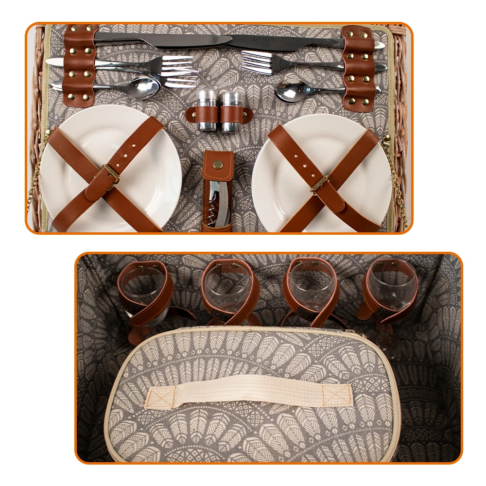 JY Rattan Picnic Basket Set with Insulated Liner and Waterproof Picnic Blanket Wine Pouch Large Wicker Picnic Hamper for Camping