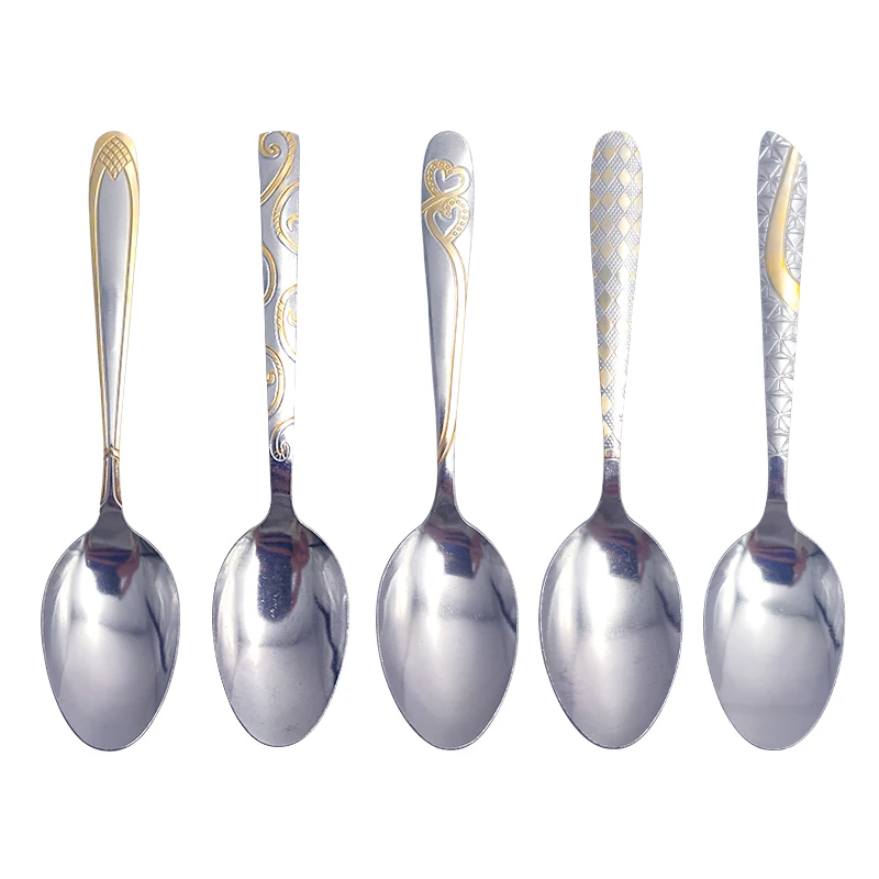 New Arrival High Quality Cheap Hotel Stainless Steel Gilded printing Metal rice Spoons Cutlery Flatware Set Customization