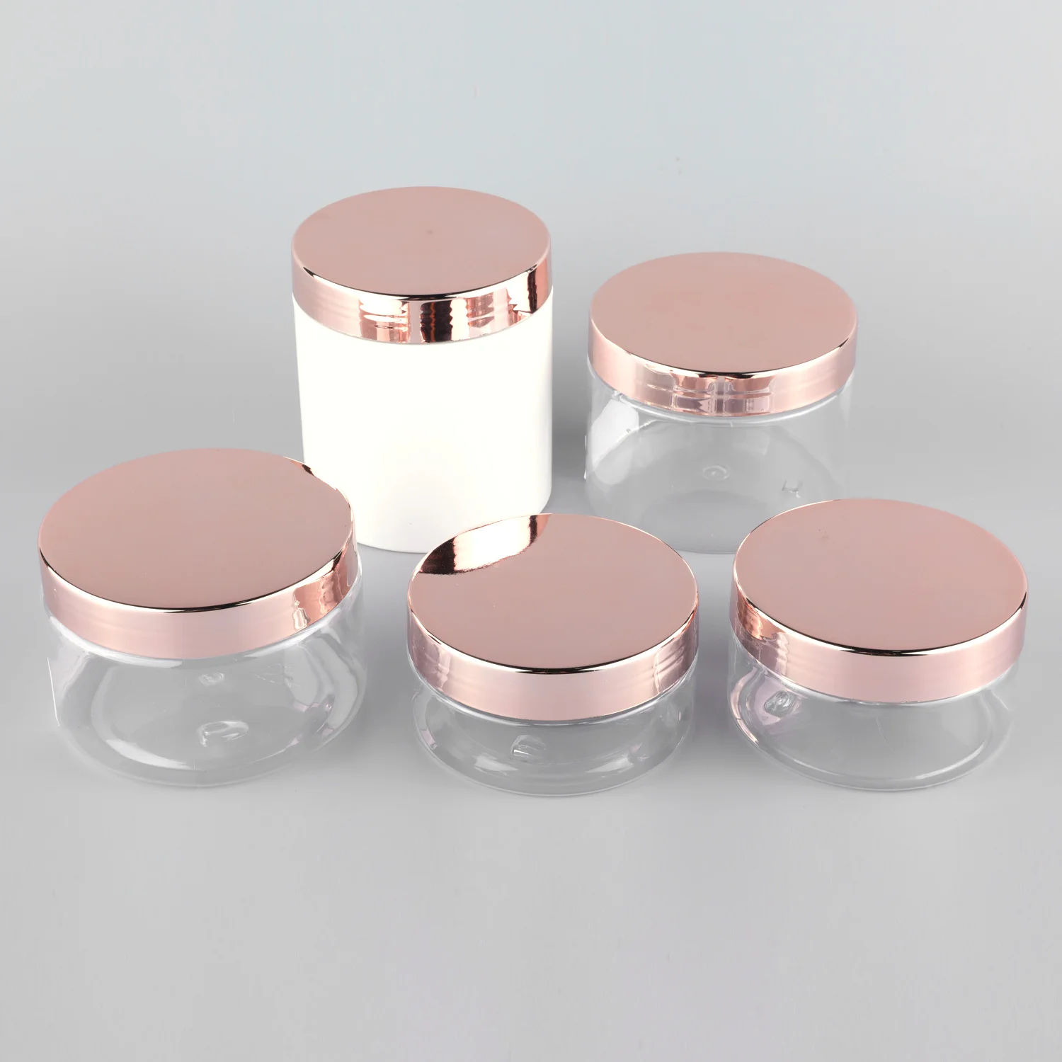 stock1oz 2oz 4oz 8oz 16oz empty PET Plastic transparent and white cosmetic jar for cream cosmetic with custom rose gold lids