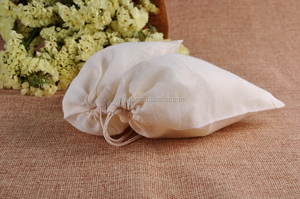 Unbleached organic cotton gauze drawstring bag with logo