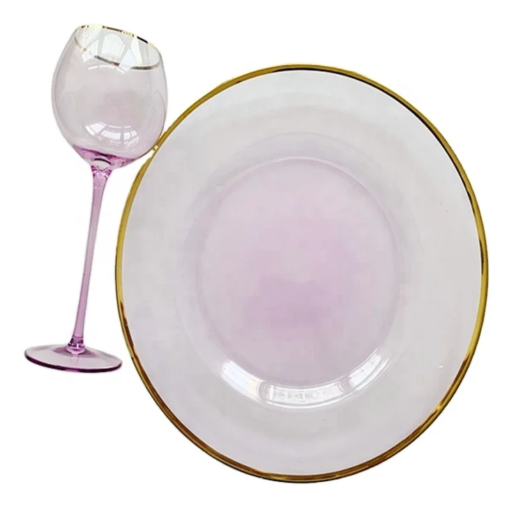 Yunzhifan Tableware Antique Gold Plate Purple Blue Green Champagne Glass Charger Plates And Wine Goblet With Gold Rim