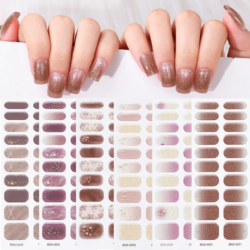 Hot Selling 20 Strips Adhesive uv Nails Stickers gel Customizable Glitter Patterns Adhesive semi cured nail sticker