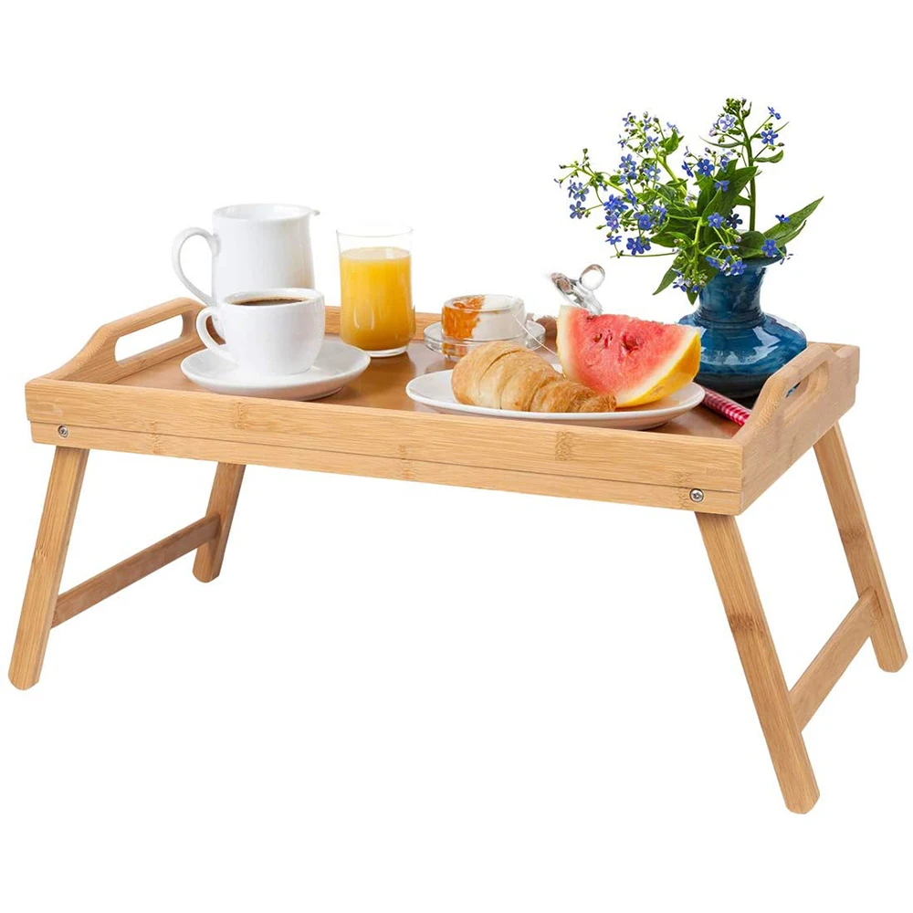 Bamboo Bed Table Tray with Folding Legs Food Breakfast Serving Tray