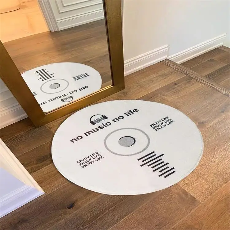 Custom Faux Fur CD Pattern Round Shape Kids Cartoon Door Mats Cool Rug Custom Print Modern CD Rugs for Bedroom Living Room