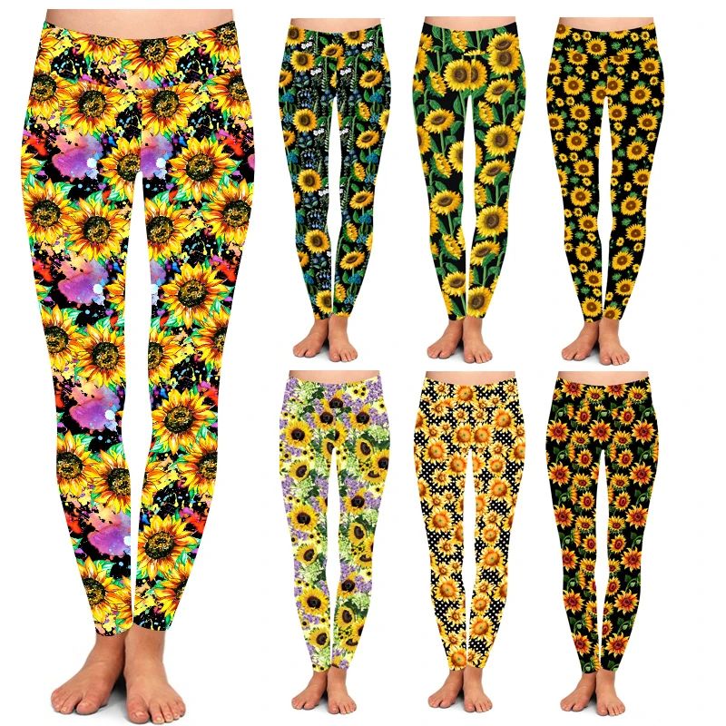 OS TC 92% Polyester 8% Spandex Brown Sunflower Flowers Buds Leaf High Waist Elastic Waist Sunflower Flower Print Leggings