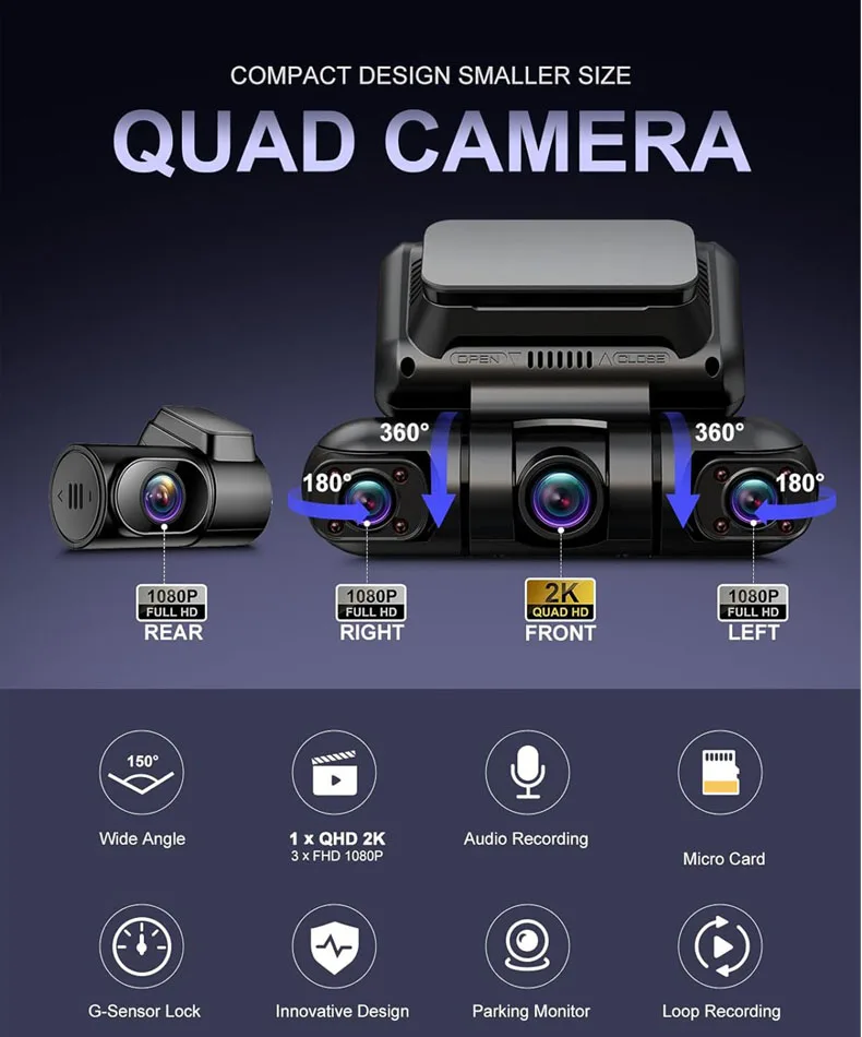 Dash Cam 4 Channel FHD 2K Night Vision Car DVR 360 Panorama HD Auto Video Recorder with Night Vision WiFi GPS Support 256GB