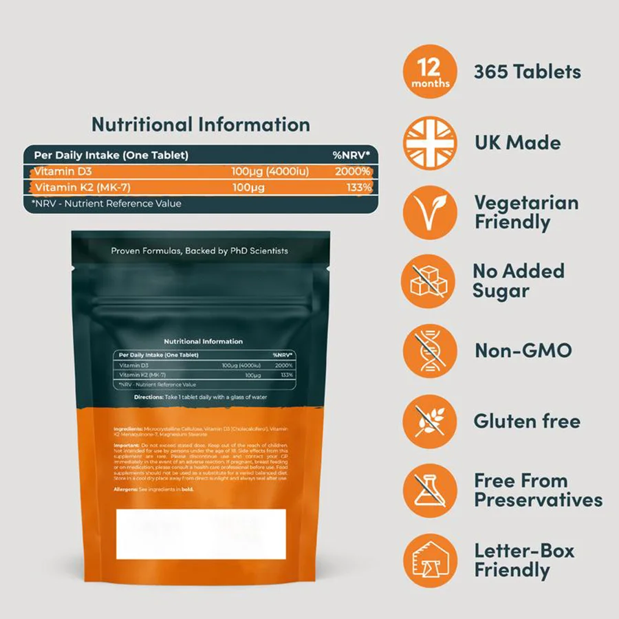 OEM/ODM Healthy Muscle Function and Anti aging beauty Immune Support Supplement Vitamin D3 + K2 Tablets