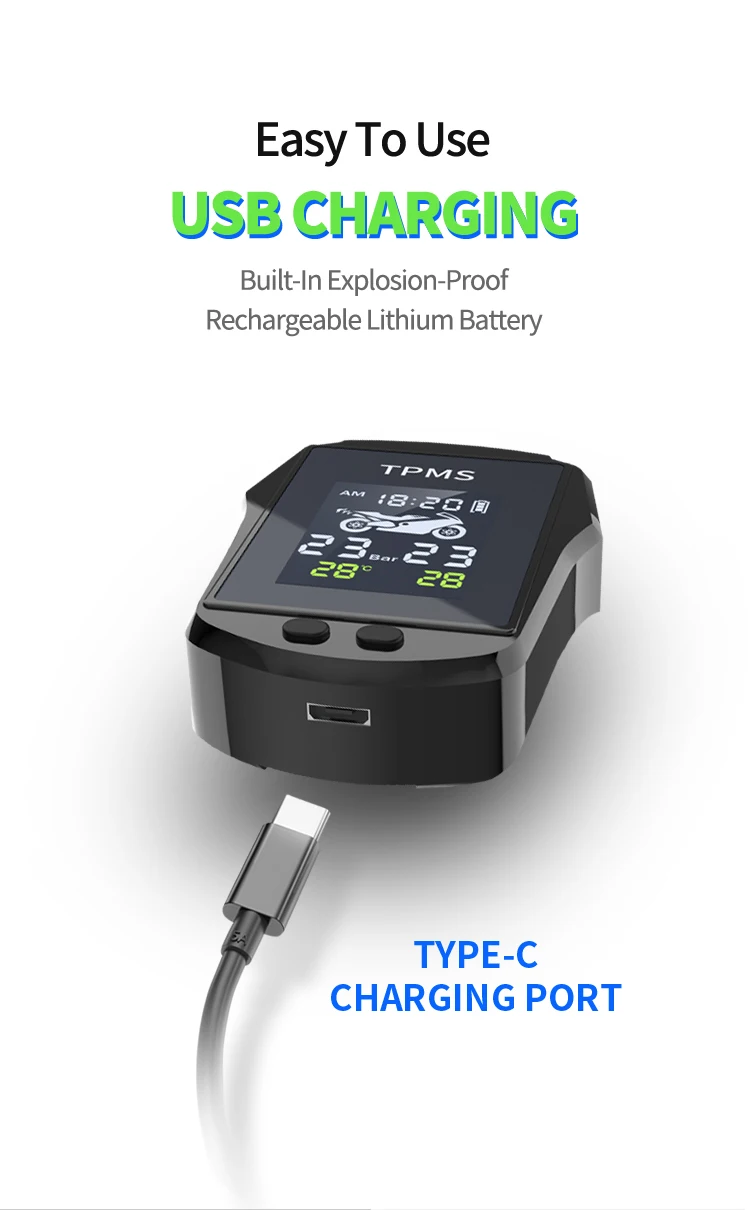 Motorcycle Tire Pressure Monitoring System USB Rechargeable Waterproof Shockproof Two Wheel Wireless Motorbike TPMS