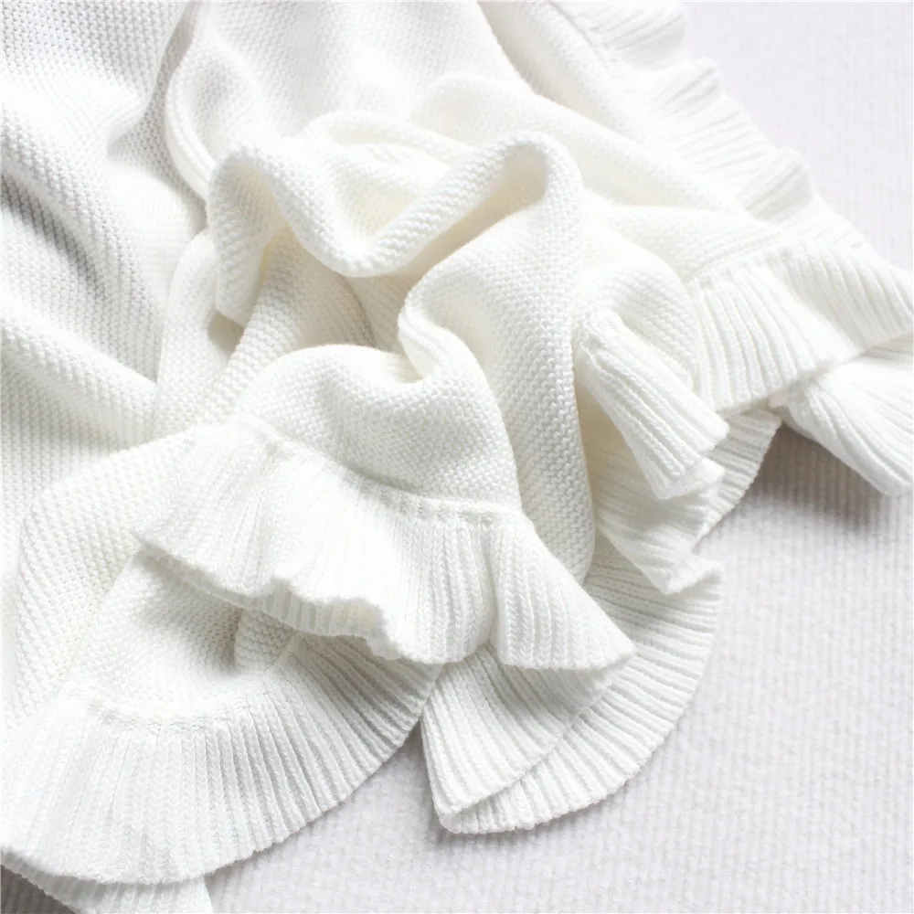 100% Cotton Knitted Baby Frill Blankets for Basket Stroller Newborn Ruffle Swaddle Wrap accept custom