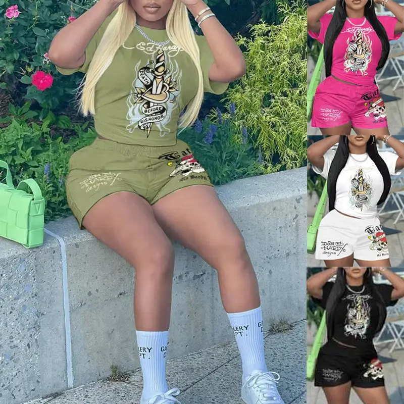 Womens Casual Sports 2pcs Sets Summer 2024 Trendy Hardy Ed Letter Print Short Sleeve Sweatsuit 2 Two Piece Shorts Set Outfit
