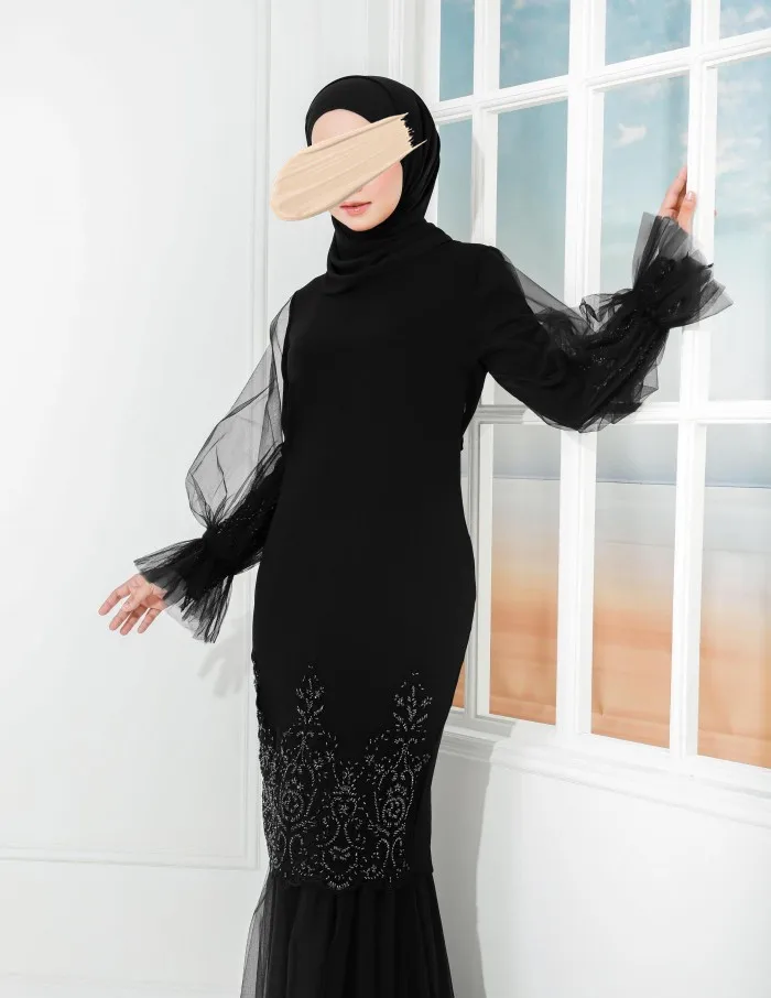 SIPO Premium Chiffon with Beads Lace Embroidery Design Solid Color Long Sleeves Half Net Fabric for Malaysia Muslim Baju Kurung