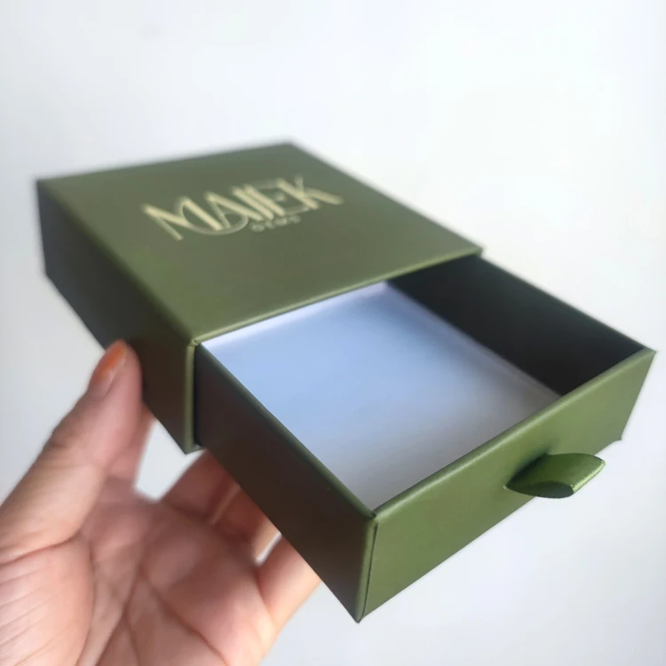 Custom Logo Variant Green Jewellery Packaging Cardboard Drawer Box Ring Narring Necklace Sliding Container BIJOUX with Pouch