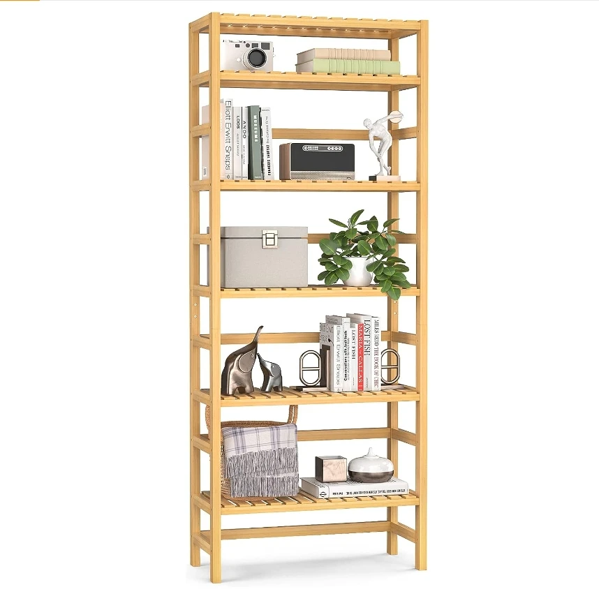 6-Tier Bamboo Adjustable 63.4 inch Tall Bookcase Book Shelf Organizer, Free Standing Storage Shelving Unit for Living Room, Kit