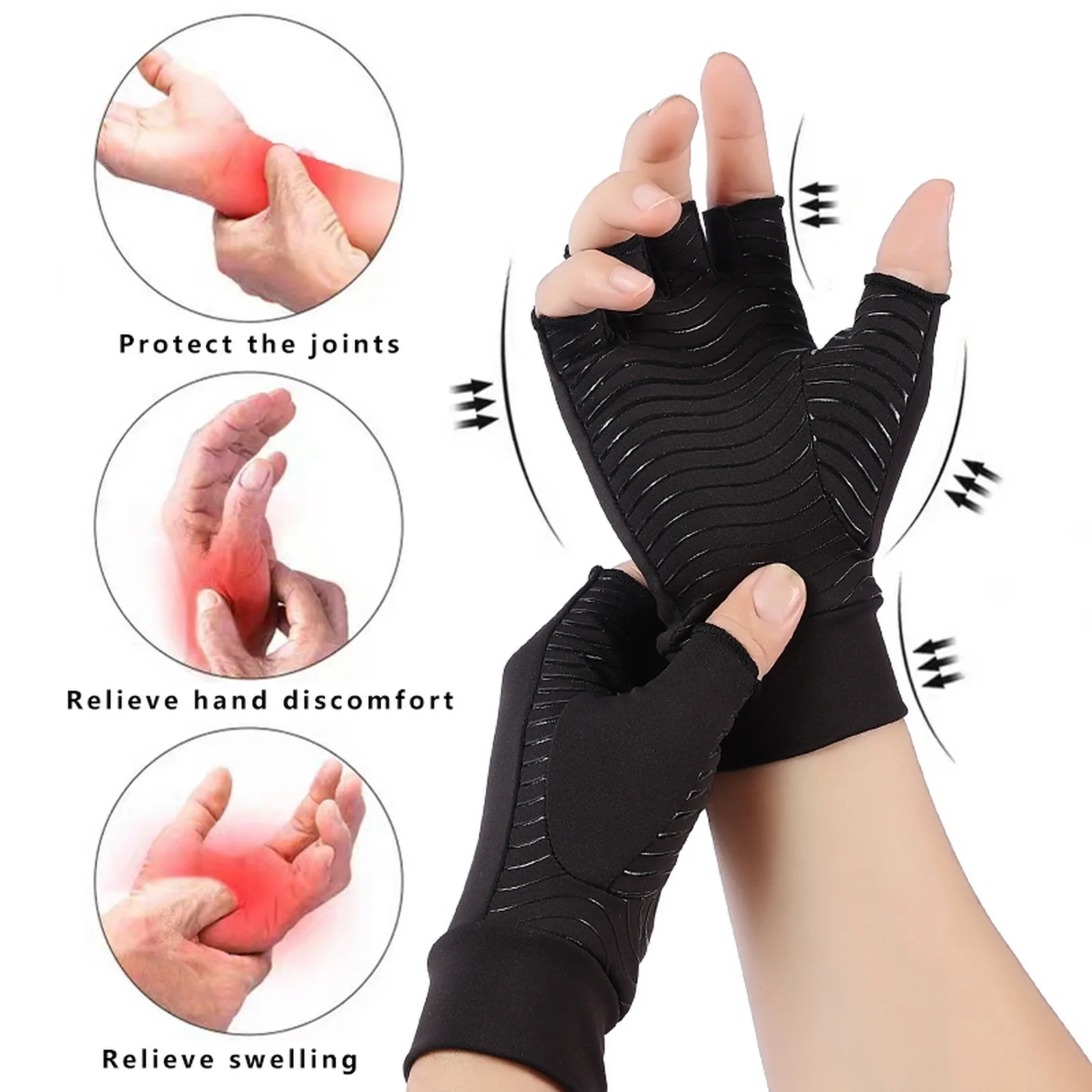 Factory Half Finger Black Glove Care Hand Compression Arthritis Gloves