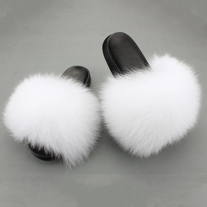 
Soft White Fox Fur Slippers real Fur Fluffy Slippers Pvc Cotton Hot Sale Ladies Soft Fox Fur Winter Cute Women Indoor Slipper 