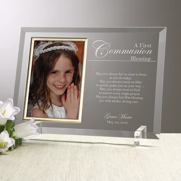 Laser Etched Glass Communion Picture Frame For Religious Gift Customized Crystal Photo Frame Favors