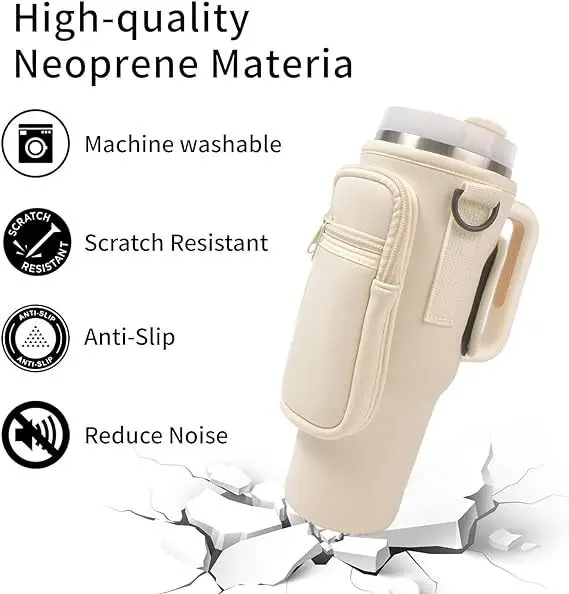 Portable Neoprene Water Bottle Carrier Bag for Stanley Tumbler with Zipper Pocket and Adjustable Strap for Hiking