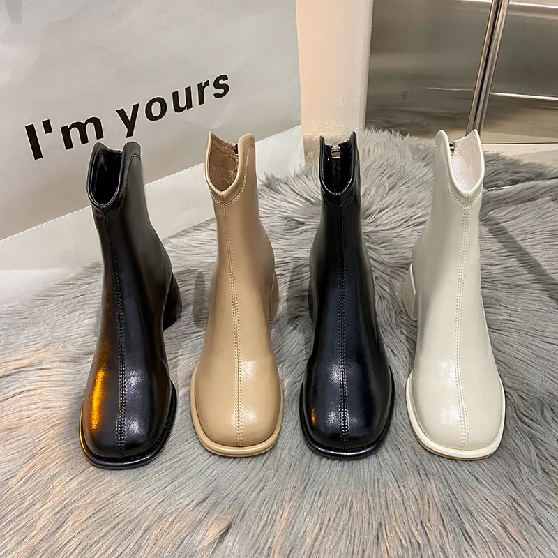 Elegant Women Ankle Boots Beige Block High Heels Sock Boots Square Toe Chunky Heels Zipper Boots Lady Autumn Winter Party Shoes